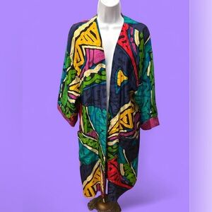 Vintage 1980’s/90’s crazy funky good colorful silk geometric print duster.